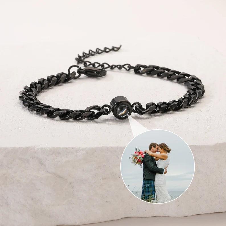 Photo Projection Bracelet Custom Men Picture Projection Bracelet Boyfriend Photo Memorial Bracelet Unisex Curb Chain Photo Gift for Him Her