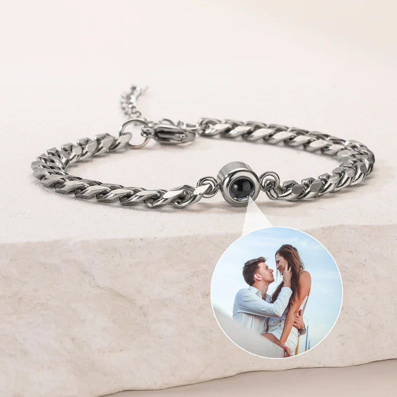 Photo Projection Bracelet Custom Men Picture Projection Bracelet Boyfriend Photo Memorial Bracelet Unisex Curb Chain Photo Gift for Him Her