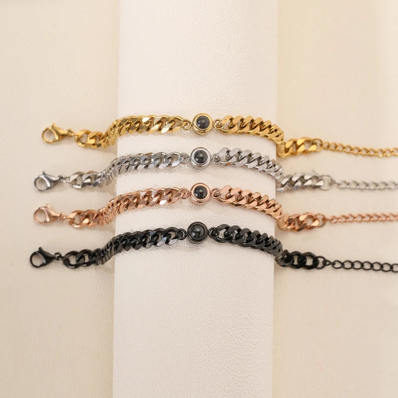 Photo Projection Bracelet Custom Men Picture Projection Bracelet Boyfriend Photo Memorial Bracelet Unisex Curb Chain Photo Gift for Him Her