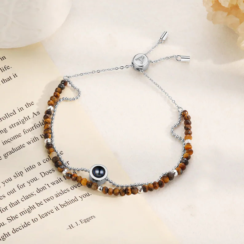 Personalized Photo Bead Bracelet with Link Chain,Custom Crystal Beaded Projection Bracelet,Double Bracelet,Christmas Gift for Her Mom Friend