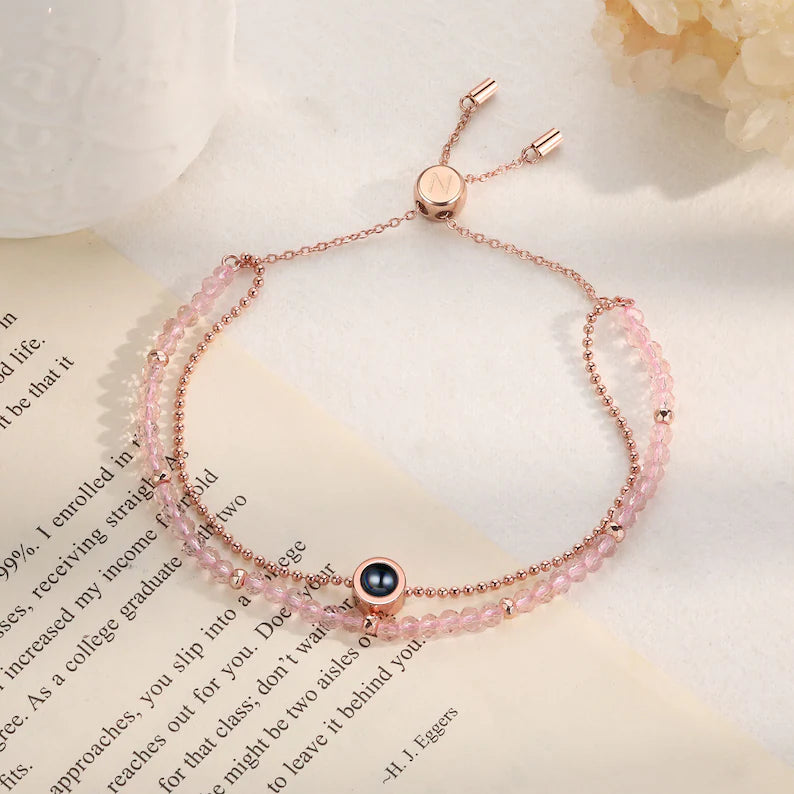 Personalized Photo Bead Bracelet with Link Chain,Custom Crystal Beaded Projection Bracelet,Double Bracelet,Christmas Gift for Her Mom Friend