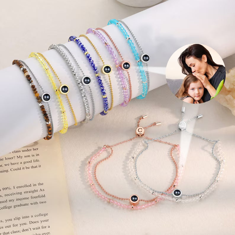 Personalized Photo Bead Bracelet with Link Chain,Custom Crystal Beaded Projection Bracelet,Double Bracelet,Christmas Gift for Her Mom Friend