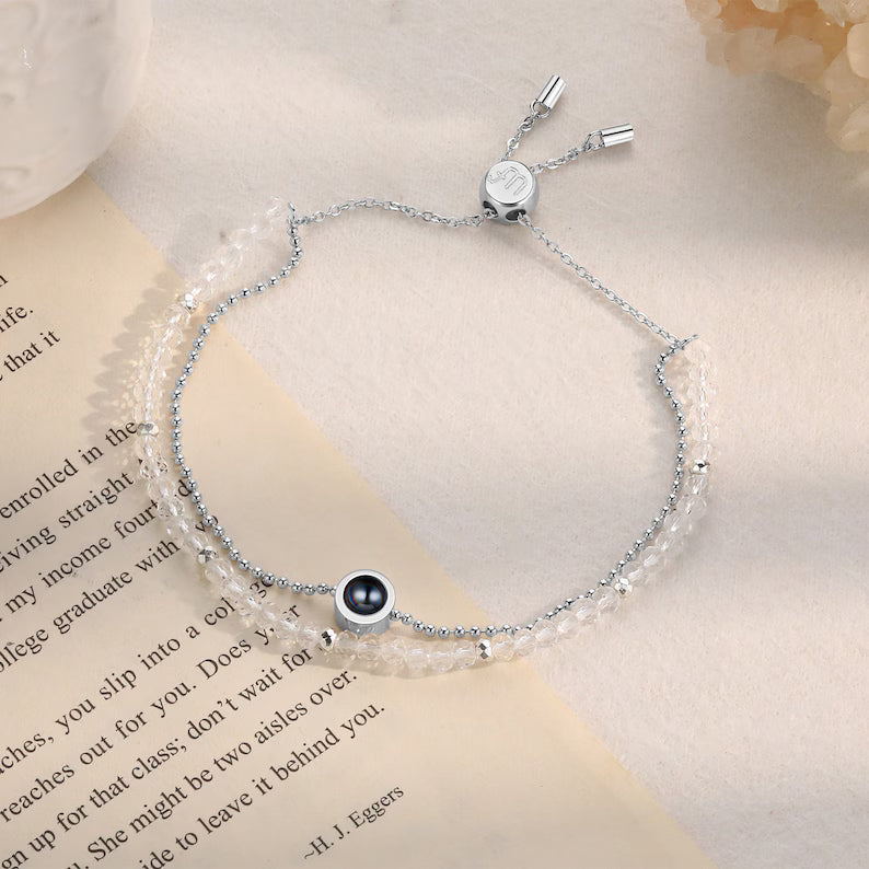 Personalized Photo Bead Bracelet with Link Chain,Custom Crystal Beaded Projection Bracelet,Double Bracelet,Christmas Gift for Her Mom Friend