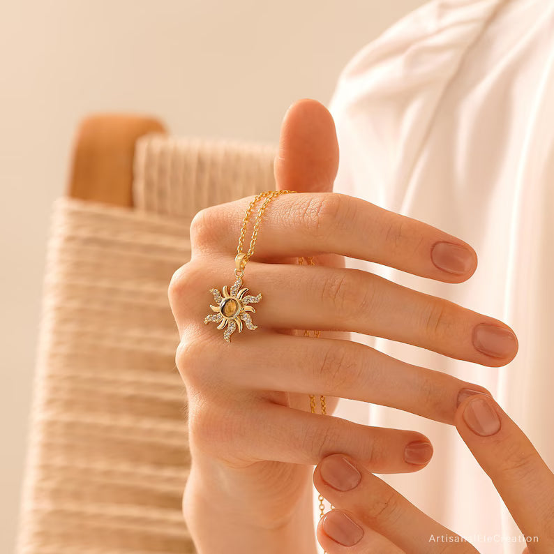 Sun Custom Photo Projection Necklace, Personalised Necklace Gift with Photo, Dainty Jewlery, Memorial Image Necklace, Birthday Gift for Her