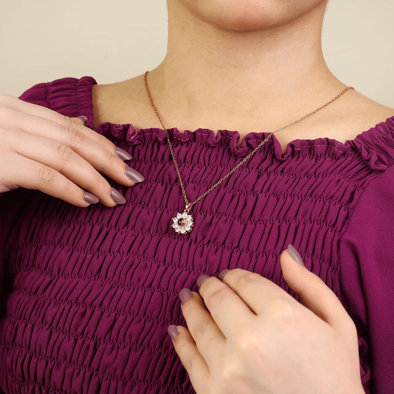 Custom Projection Photo Necklace, Personalized Photo Projection Floral Charm Necklace, Memorial Photo Pendant for Wife, Mothers Day Gift