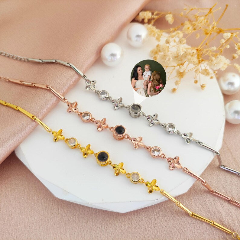 Dainty Birth flower bracelet,Projection Photo Bracelet for Women,Photo Inside Bangle,Christmas gift for her,Pet Photo Bracelet,Birthday Gift