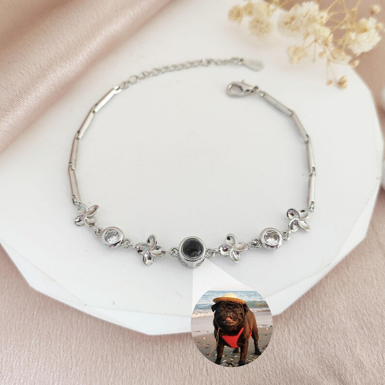 Dainty Birth flower bracelet,Projection Photo Bracelet for Women,Photo Inside Bangle,Christmas gift for her,Pet Photo Bracelet,Birthday Gift