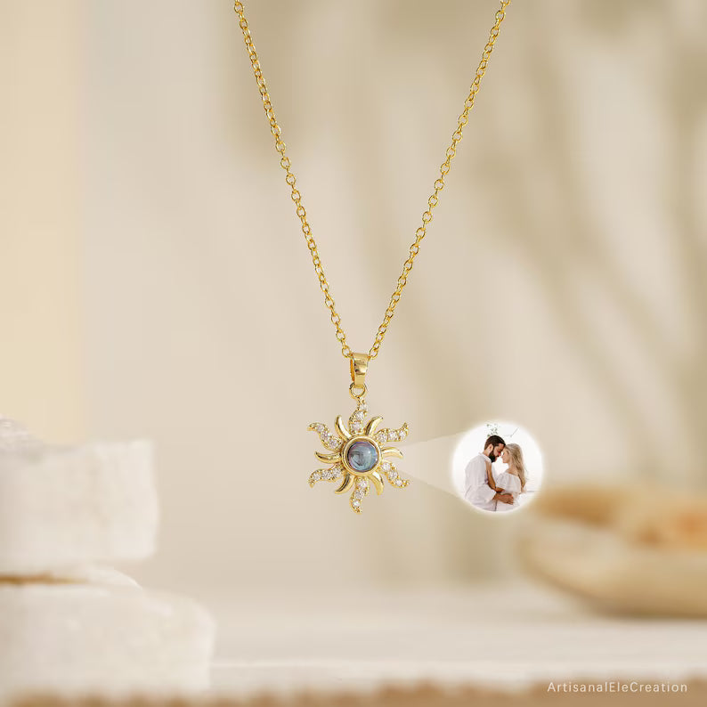 Sun Custom Photo Projection Necklace, Personalised Necklace Gift with Photo, Dainty Jewlery, Memorial Image Necklace, Birthday Gift for Her