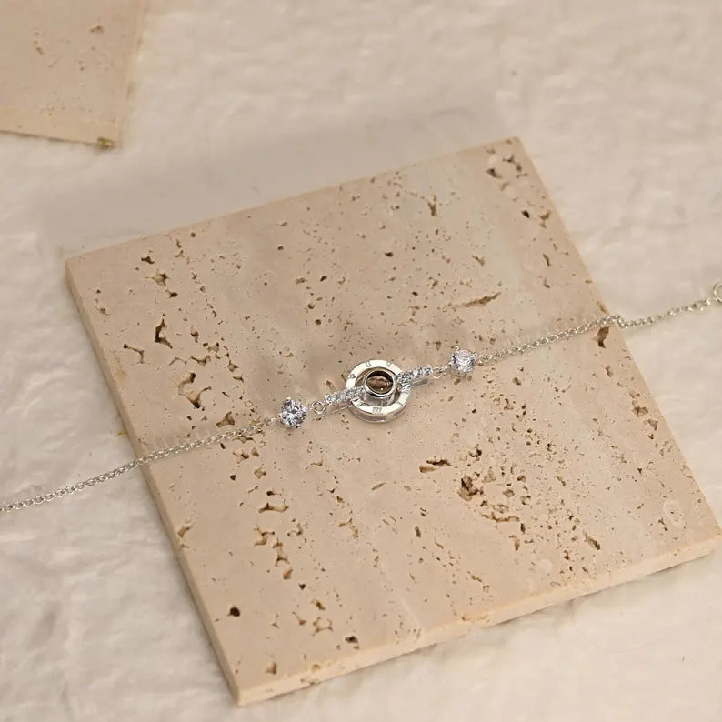 Dainty 925 Silver Projection Photo Bracelet, Memorial Picture Jewelry, Personalized Picture Inside Bracelet, Diamond Charm, Best Friend Gift