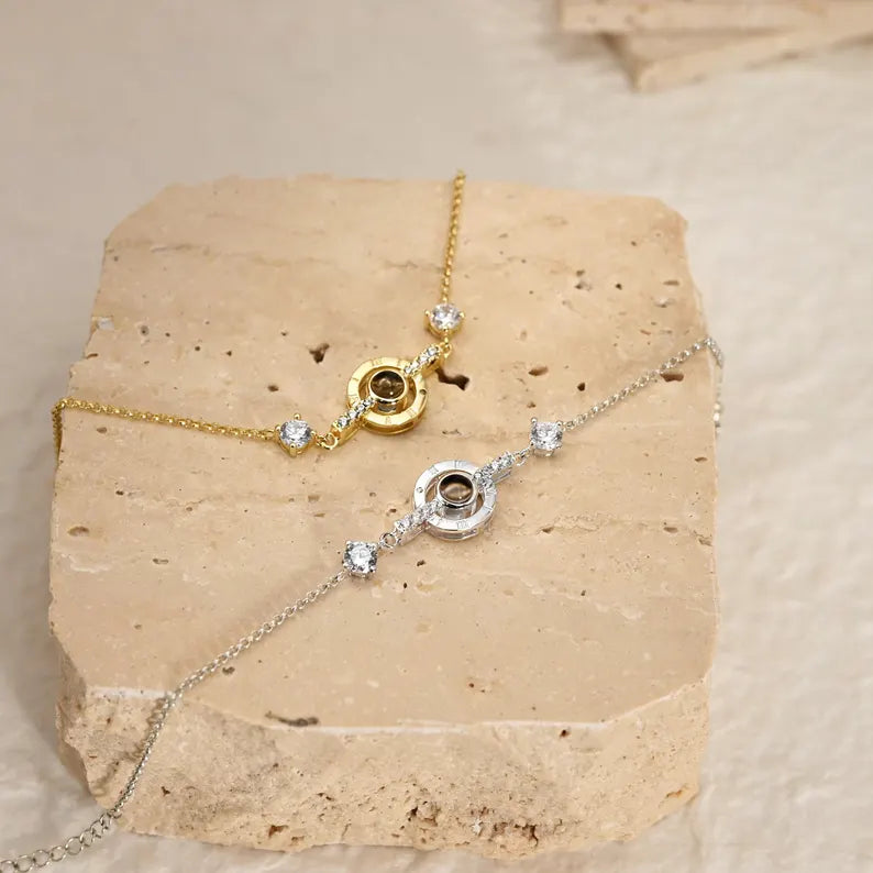 Dainty 925 Silver Projection Photo Bracelet, Memorial Picture Jewelry, Personalized Picture Inside Bracelet, Diamond Charm, Best Friend Gift